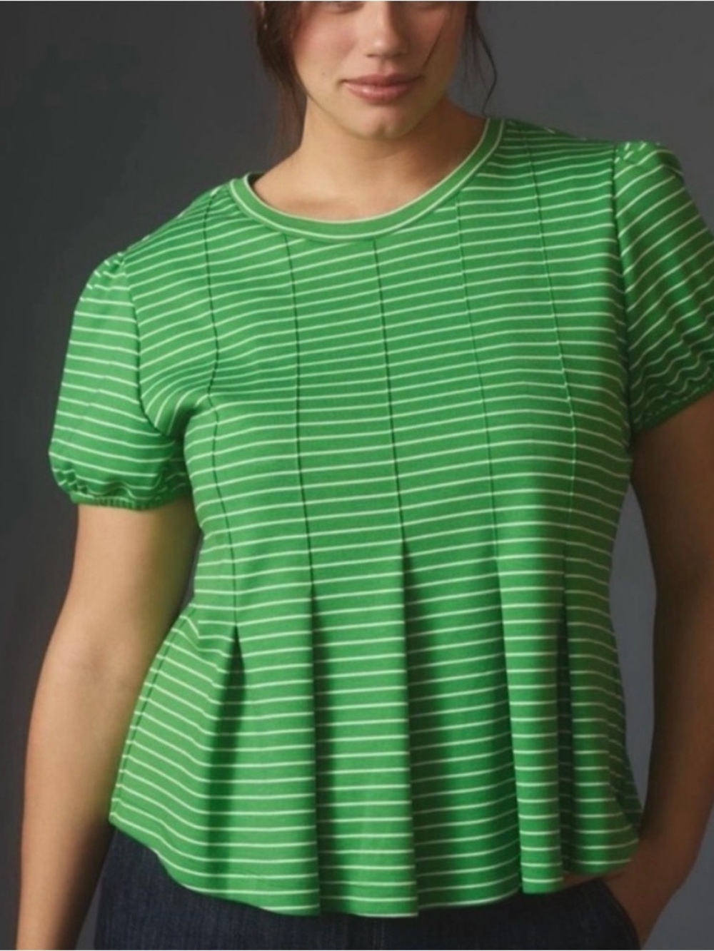 Anthropologie Maeve Pelpum Green Striped Puff-Sleeve Tee